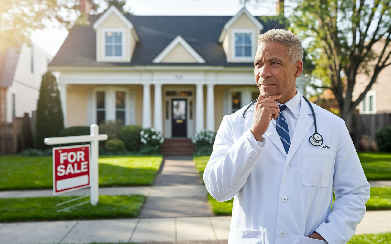 A physician standing in front of a beautiful residential property, evaluating its condition with a thoughtful expression. The property features a charming facade, well-kept garden, and a 'For Sale' sign in the front yard, indicating potential for investment. The sun casts a golden light on the scene, suggesting the optimistic outlook of a promising property investment.