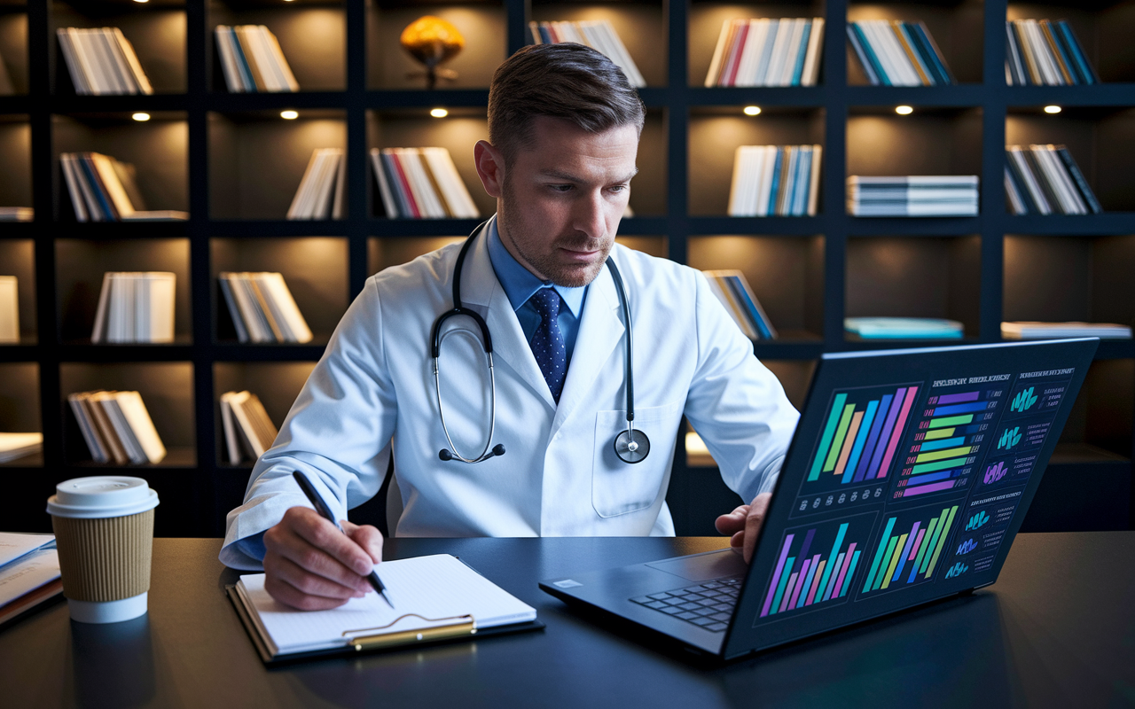 A focused physician wearing a stethoscope, seated at a sleek, modern desk with a laptop open, studying real estate investment options. Various colorful graphs and market analysis reports are displayed on the screen, illuminated by warm office lighting. A coffee cup and a notepad with handwritten notes sit beside the laptop. The background features a large bookshelf filled with medical and investment literature, giving a sense of dual dedication to both medicine and investing.