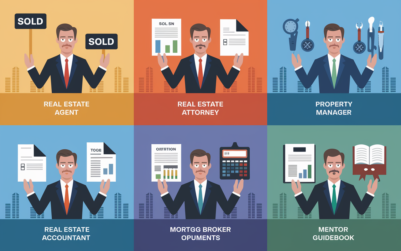 An informative infographic-style illustration showing the various roles within a real estate investment team. Each section features a professional: a real estate agent with a sold sign, a real estate attorney with legal briefs, a property manager with maintenance tools, a real estate accountant with tax documents, a mortgage broker with financial charts, and a mentor with a guidebook. The background is a city skyline, symbolizing real estate opportunities, with vibrant colors and clear, engaging visuals.