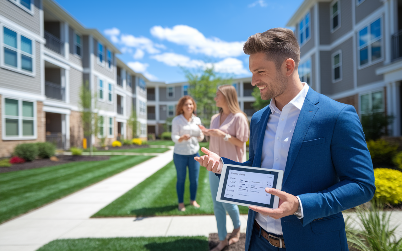 A confident property manager in a smart casual outfit is on-site at a well-maintained apartment complex, discussing tenant relations with a couple of happy renters. The surroundings show vibrant landscaping and well-kept buildings under clear blue skies. The manager holds a tablet showcasing property management software, exuding professionalism and approachability. The scene conveys a sense of satisfaction and effective management.