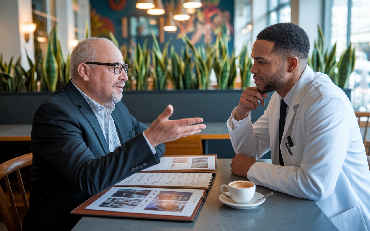 A seasoned real estate mentor and a young physician are engaged in a thoughtful discussion over coffee at an inviting café. The mentor is gesturing towards a portfolio filled with property listings, while the physician leans in with interest. The café setting is warm and relaxing, with plants and art on the walls, symbolizing growth and learning. This moment captures the essence of mentorship, sharing wisdom, and building a future in real estate investment.