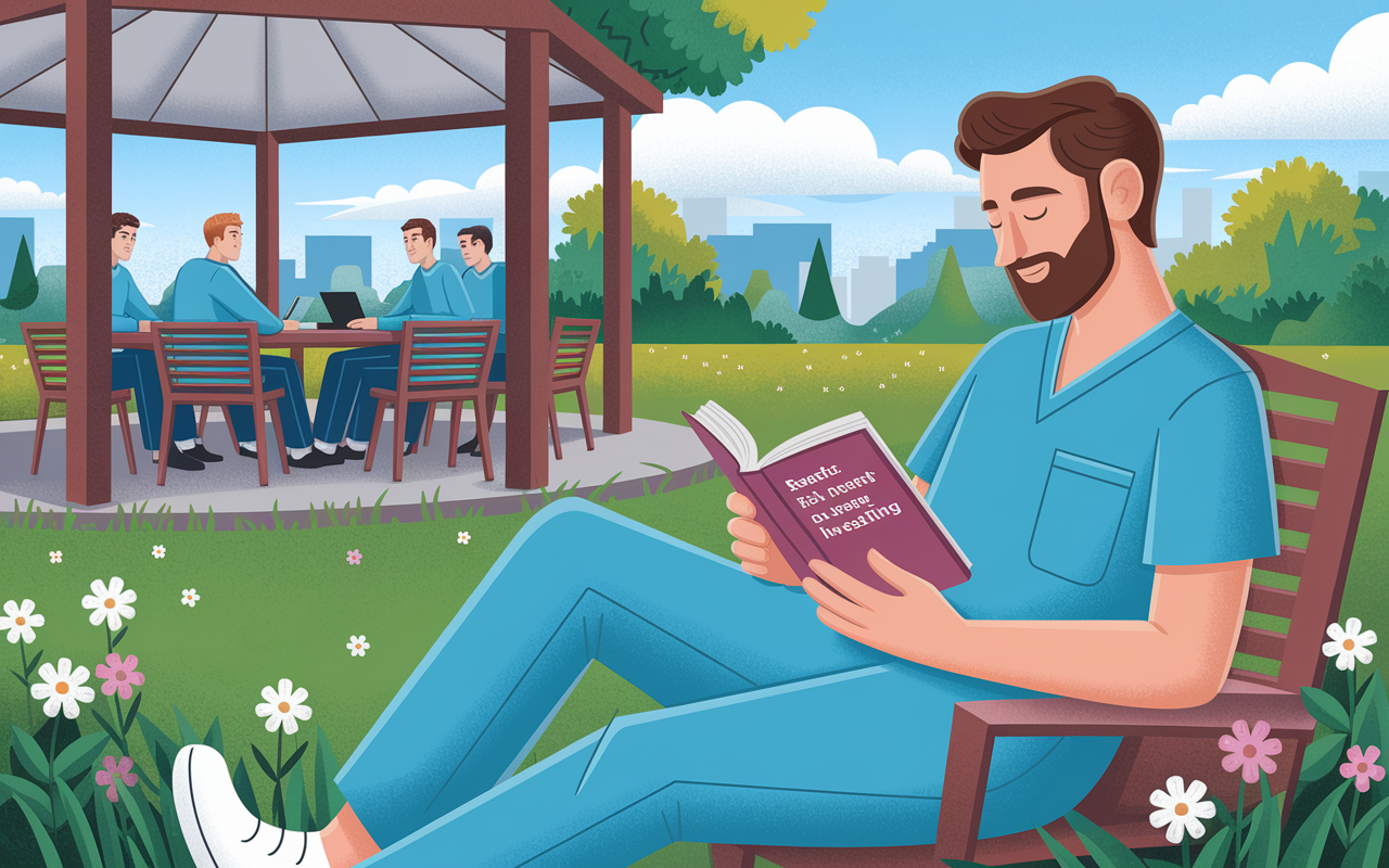 A relaxed physician in scrubs is seen enjoying a peaceful moment in a park, reading a book on real estate investing while his investment team works diligently in a nearby café. The setting features green grass, colorful flowers, and a clear blue sky, symbolizing tranquility and balance. The scene emphasizes the advantages of teamwork, allowing the physician to enjoy personal time while his team handles investment responsibilities.