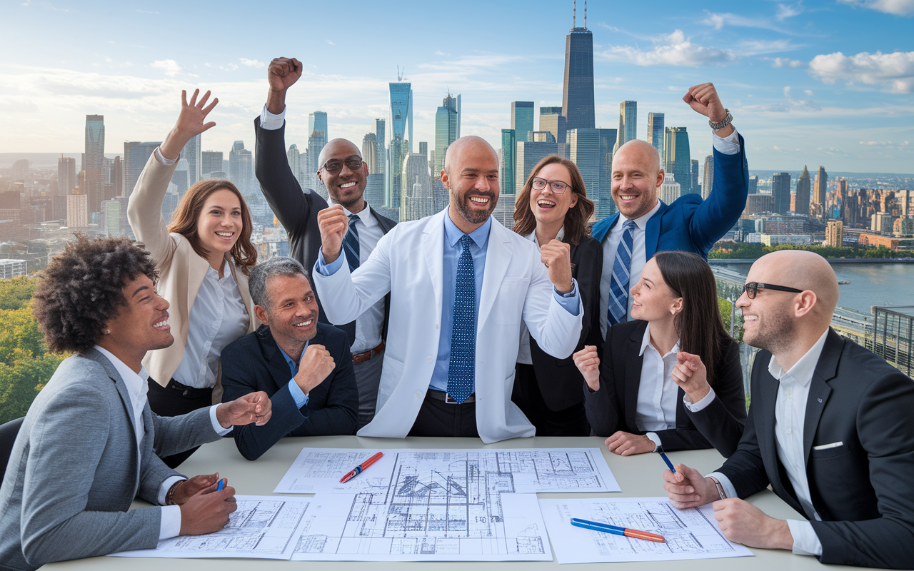 A vibrant and successful real estate investment scene showing the physician and his diverse team celebrating the completion of a successful property deal. They’re gathered around a table full of documents and schematics with smiles of accomplishment, surrounded by a backdrop of a thriving city skyline. The atmosphere is joyful, representing success, teamwork, and the promising future of their investments.