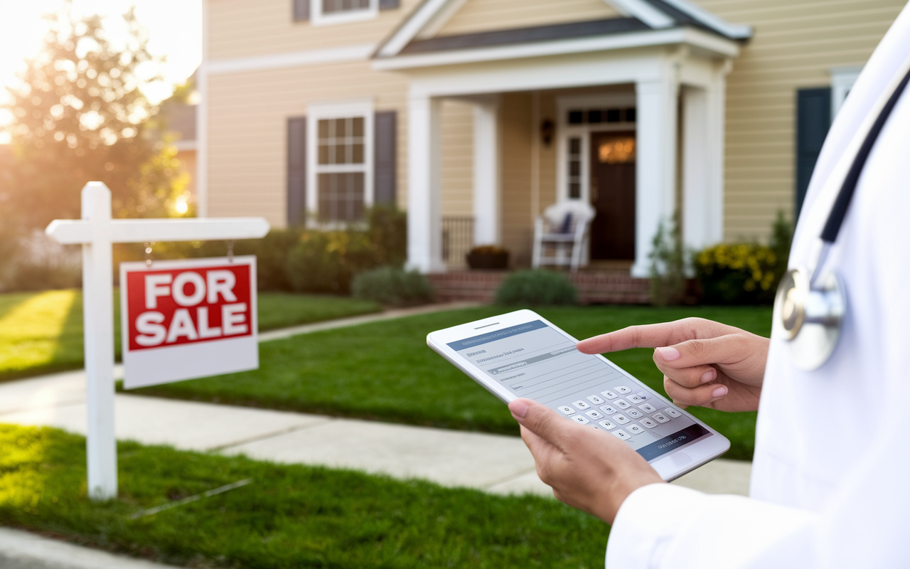 An inviting home exterior captured during golden hour, showcasing a well-maintained house with a 'For Sale' sign in the front yard. In the foreground, a physician in professional attire, holding a loan application, scans through property listings on a mobile device. Soft warm light bathes the scene, evoking a sense of opportunity and hope. Lush green landscaping complements the home, symbolizing growth and new beginnings.