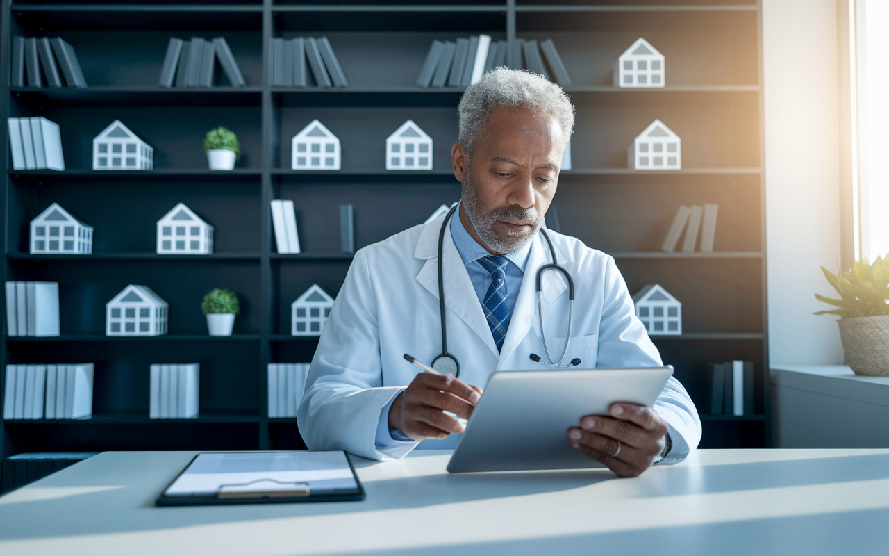 A modern office space with a physician reviewing investment strategies on a sleek tablet. The background features a bookshelf filled with finance books and property models. Natural light floods the room, creating an atmosphere of clarity and confidence. The physician, appearing informed and contemplative, takes notes while examining potential portfolio loan options.