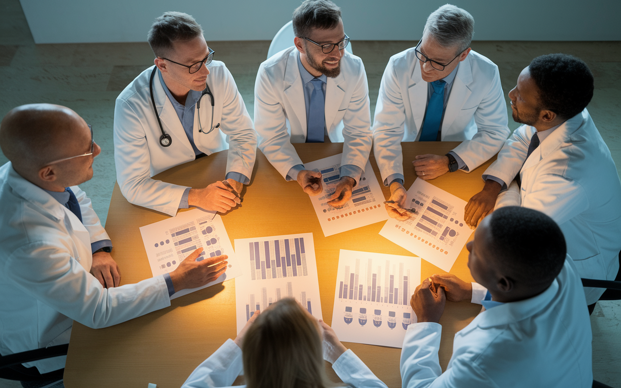 A group of physicians gathered around a conference table, engaged in a discussion about joint venture partnerships. Documents and financial models are laid out before them, illuminated by warm lighting. Each physician showcases diverse backgrounds and expertise, representing a collaborative spirit. The atmosphere radiates energy and optimism, emphasizing teamwork and shared goals in property investment.