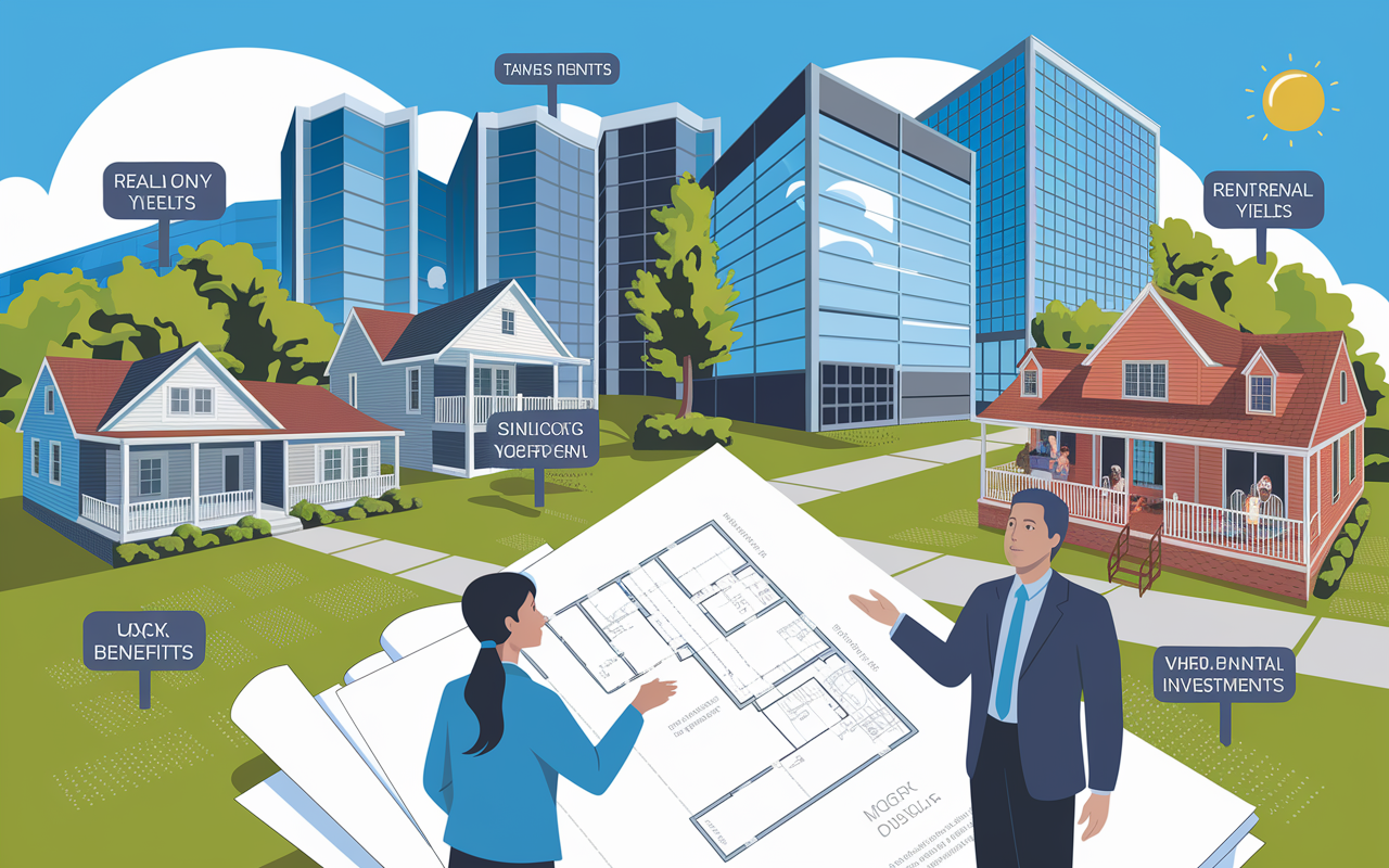 A detailed illustration showing various types of real estate investments. In the foreground, a physician reviews blueprints of a modern duplex, engaging with a real estate agent. In the background, different types of properties, including charming single-family homes, sleek office buildings, and a vibrant vacation rental with guests. The scene is vibrant and lively, showcasing a sunny day with clear skies. Small signs indicate rental yields and tax benefits, enhancing the concept of tangible investments, with shadows cast by the properties.