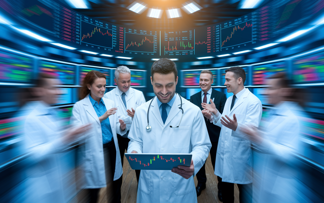 A dynamic scene depicting a bustling stock trading floor with physicians engaging in stock investments. In the foreground, a physician holds a tablet displaying stock market trends, surrounded by colleagues discussing different stocks enthusiastically. Screens fill the background, showcasing rising stock values and colorful charts. The atmosphere is energetic, with bright lights and fast-paced movements, symbolizing the liquidity and excitement of stock trading. A sense of camaraderie and teamwork amongst the physicians emphasizes collaboration in investment decisions.