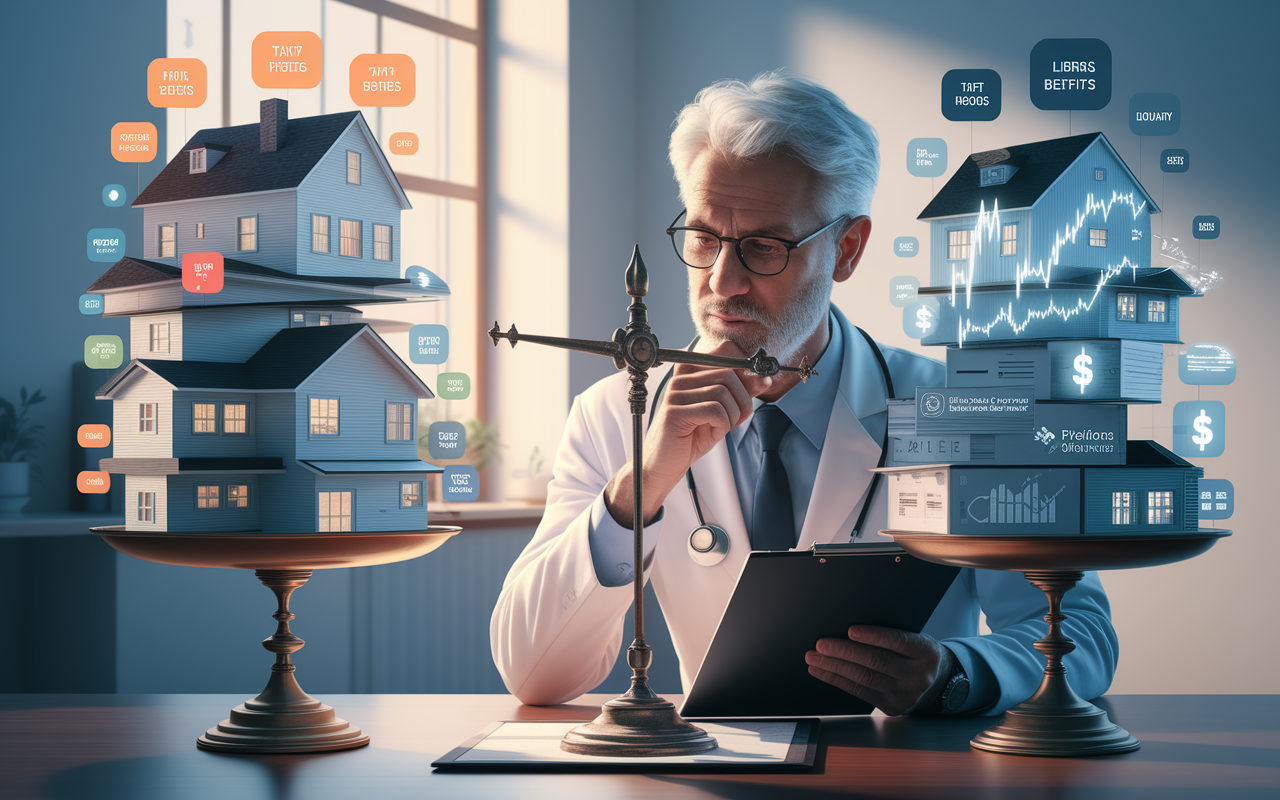 An informed physician meticulously weighing the pros and cons of real estate versus stocks using a scale. On one side, vibrant images of houses, rental income charts, and tax benefits are piled high. On the other side, dynamic stock graphs, liquidity symbols, and diverse company logos balance equally. The physician is represented deep in thought, with a clipboard in hand, analyzing the data under soft ambient lighting. A serene office setting conveys focus and determination in decision-making.