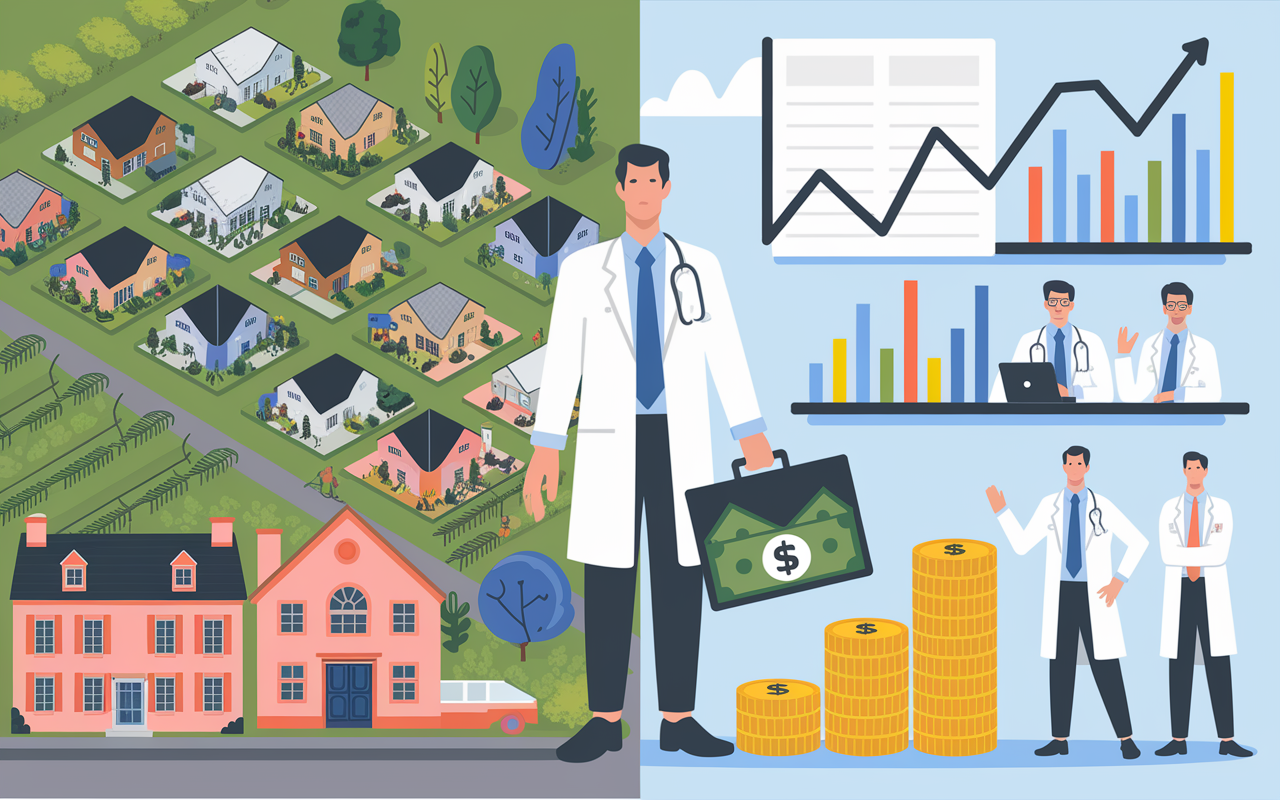 An artistic depiction of a balanced investment portfolio representing both real estate and stocks. The left side showcases a sprawling suburban neighborhood with various houses and a physician-friendly neighborhood office, while the right side features a stock market display filled with rising graphs and friendly financial advisors. In the center, a physician stands confidently, holding a briefcase filled with dollar bills, symbolizing a secure financial future. Bright colors and a harmonious blend of elements create a sense of optimism and opportunity.