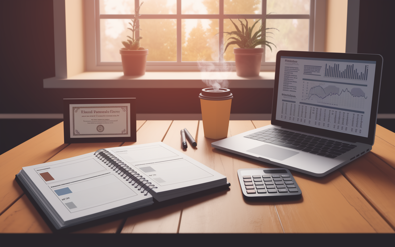 An inviting coffee table scene, featuring a physician's planner opened to reveal financial assessment sheets. Beside it sits a laptop displaying financial statistics, a calculator, and a steaming coffee cup. Warm morning light streams through the window, creating a calm, focused atmosphere. Decorative plants and a framed diploma hint at the physician's professional background.