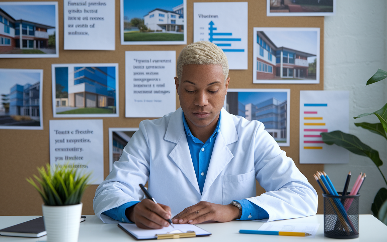 A focused physician sitting at a desk, jotting down real estate investment goals on a notepad, while a vision board filled with images of rental properties, financial growth charts, and inspirational quotes hangs on the wall behind them. The room is well-lit with a creative and motivational ambiance, encouraging mindful reflections on investment strategies.