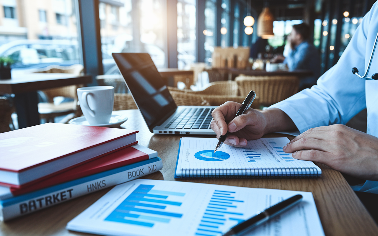 A busy café setting with a physician reviewing neighborhood dynamics and market trends on a laptop, surrounded by property-related books and marketing materials. A pen is poised above a notepad with charts and data points. Soft, diffused lighting creates a cozy and productive environment, offering insights into potential investments.