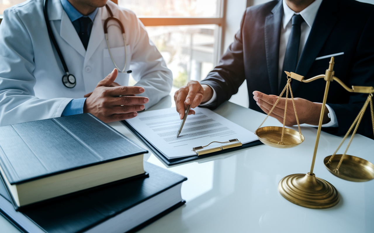 A physician consulting with a real estate attorney in a modern office. Legal books and documents are spread out on the table, while the attorney points at a contract and explains zoning laws. The environment is professional with soft, natural lighting illuminating the discussion, showcasing the importance of legal knowledge in real estate.