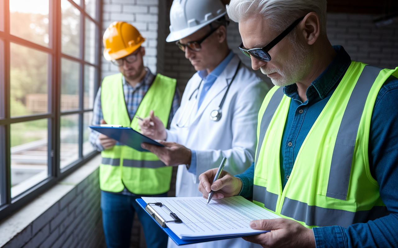 A focused team at a property undergoing inspection, with a physician reviewing notes beside an inspector checking structural elements. A clipboard displays property details. Natural light filters in through windows, creating a feeling of thoroughness and professionalism as they ensure all aspects are evaluated.