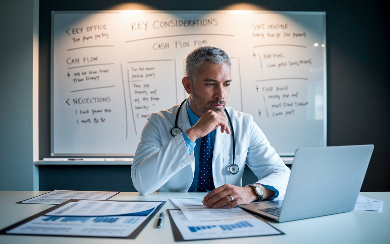 A physician sitting at a desk, surrounded by financial documents and property evaluations, thoughtfully considering investment options on a laptop. A large whiteboard in the background displays key considerations and potential cash flow projections, illuminated by soft office lighting that enhances the atmosphere of careful decision-making.