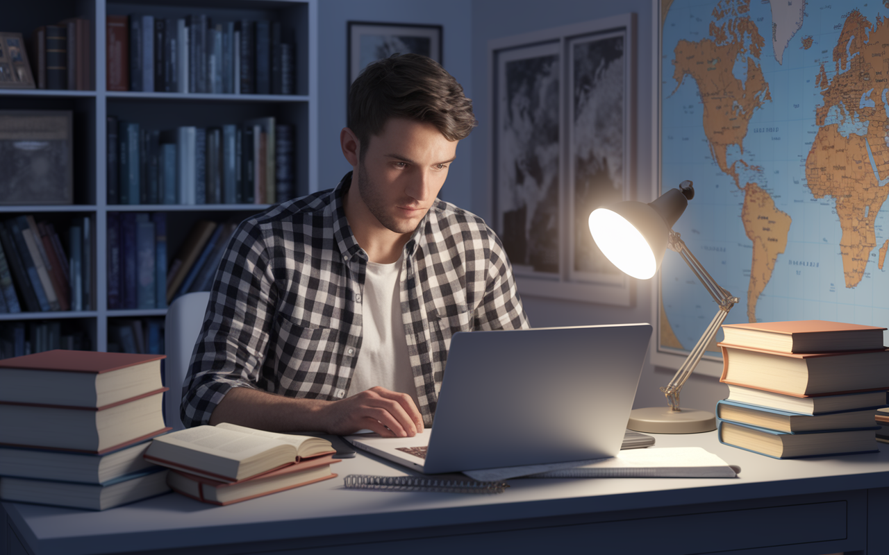 A focused student sitting at a desk cluttered with books and a laptop, reviewing the accreditation status of various international medical schools. The room is filled with soft, warm lighting from a table lamp, creating an intimate study environment. Bookshelf in the background and a world map on the wall highlight the student's aspirations. Digital painting style.