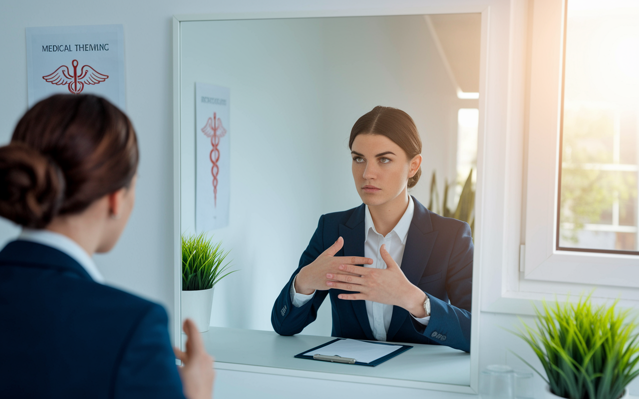 A determined student dressed in professional attire rehearsing answers for a medical school interview in front of a mirror. The room is minimalist but stylish, with a small plant and a medical-themed poster on the wall. Soft natural light spills through a window, symbolizing hope and opportunity. Realistic style.