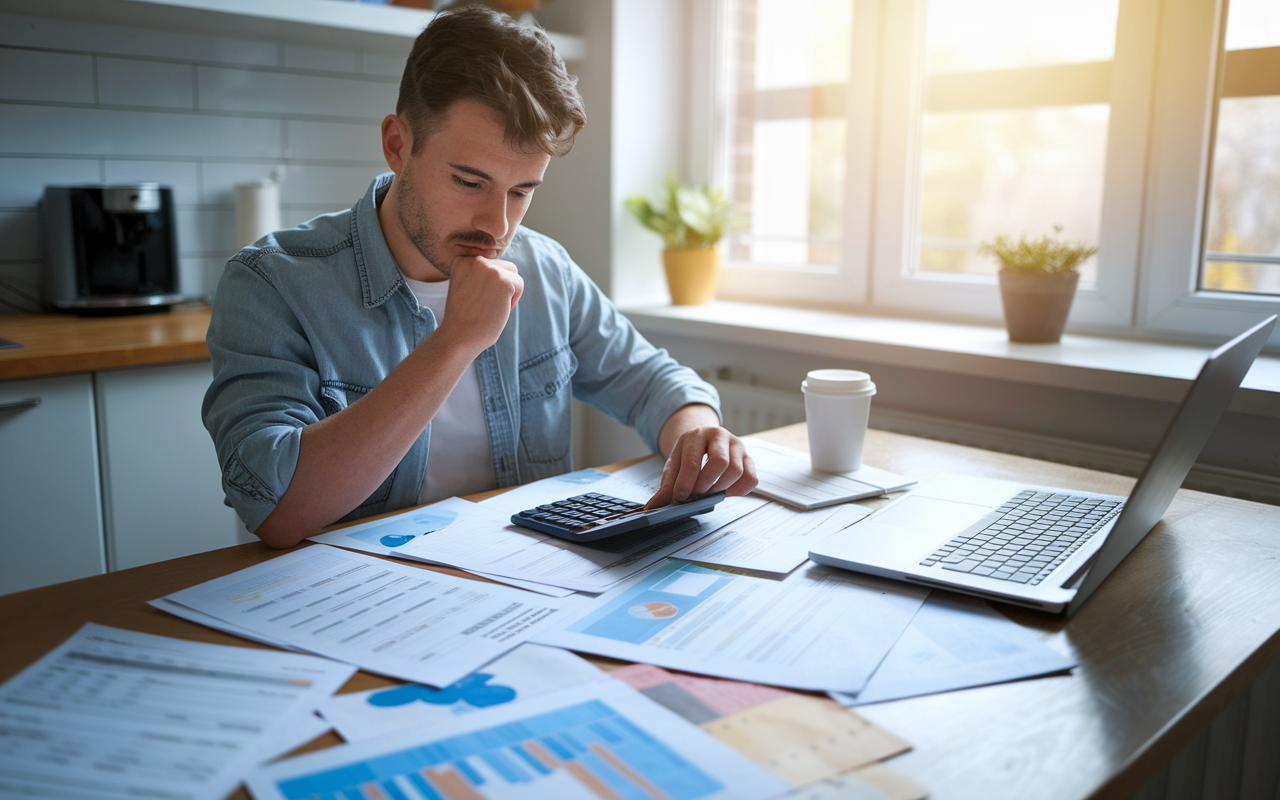 A thoughtful student sitting at a kitchen table surrounded by financial documents, preparing a budget to study abroad. The table is cluttered with a calculator, coffee, and a laptop, showing the student’s focus on managing expenses. Bright morning sunlight coming through the window signifies a new beginning. Photorealistic style.