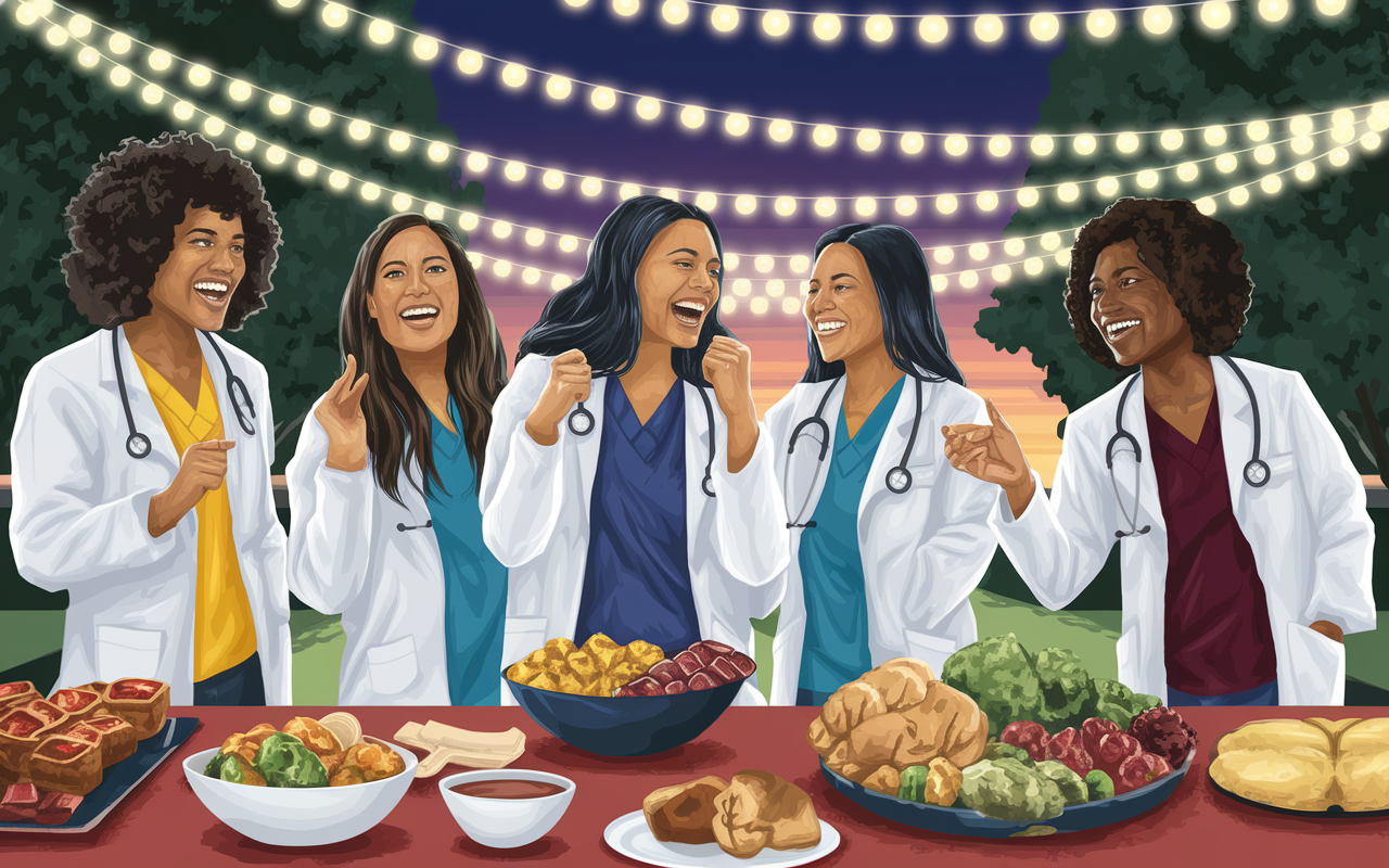 A joyful group of international medical students laughing and sharing stories at a cultural fair on campus. Colorful booths displaying traditional foods and clothing create a festive atmosphere. Their expressions reflect excitement and a sense of belonging, with decorative lights strung overhead in an evening setting. Digital painting style.