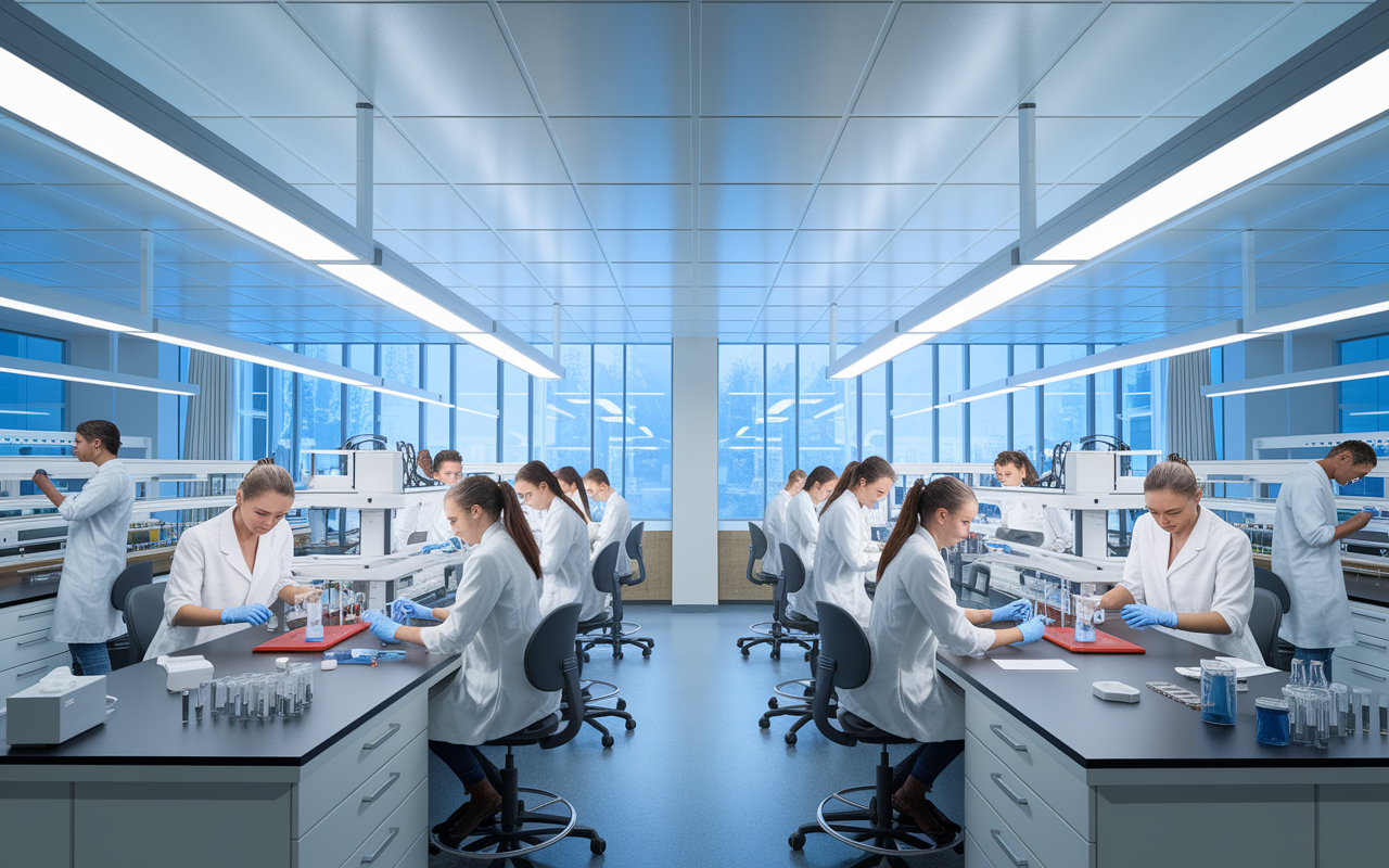 A modern medical laboratory filled with students actively engaged in hands-on experiments, surrounded by advanced equipment and technology. Bright overhead lights illuminate the space, reflecting the excitement of learning. The atmosphere is collaborative, showcasing a diverse group of students working together. Photorealistic style.