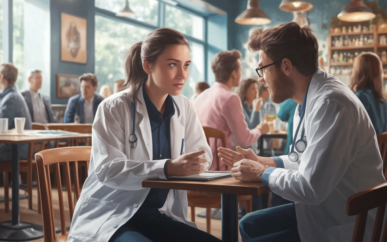 A curious student sitting in a cozy café, engaging in a video call with an alumni mentor discussing their experiences at medical school. The café is lively, with soft lighting and people conversing in the background, emphasizing community and connection. The student's focused expression highlights their eagerness to learn. Digital painting style.