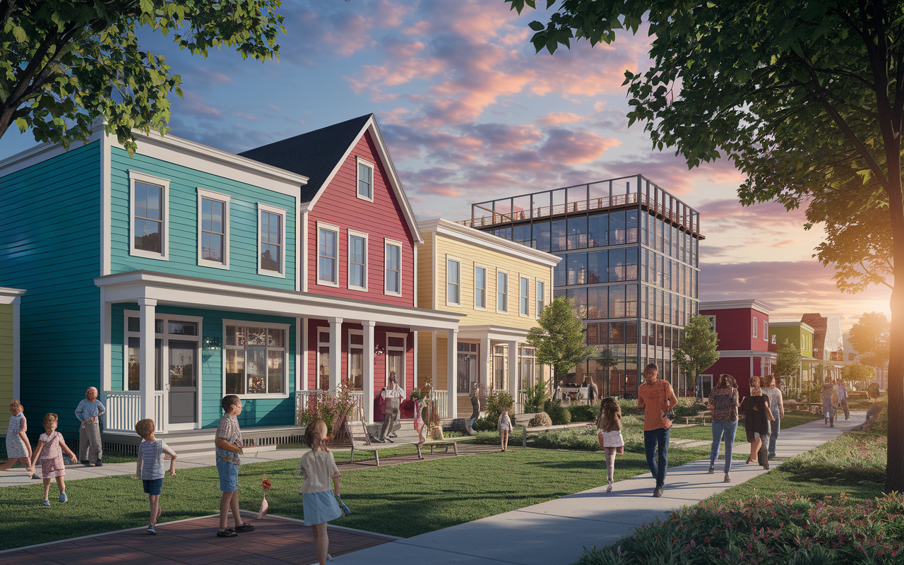 A vibrant neighborhood undergoing revitalization, with newly painted houses, local shops, and bustling activity. Children play in a nearby park, and a construction crew works on new buildings in the background. The sun sets, casting warm glows on the scene, creating a sense of community and progress. Realistic style with an uplifting mood.