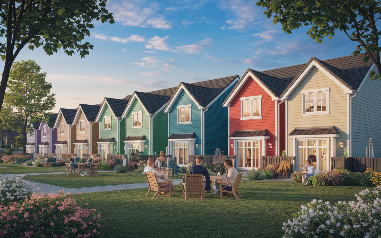 A row of attractive single-family homes in a peaceful suburb, surrounded by lush greenery and flower gardens. Bright and inviting colors dominate the scene, with families enjoying their backyards. A calm blue sky adds to the peacefulness of the neighborhood, embodying the charm of family-oriented living. Realistic and warm atmosphere.