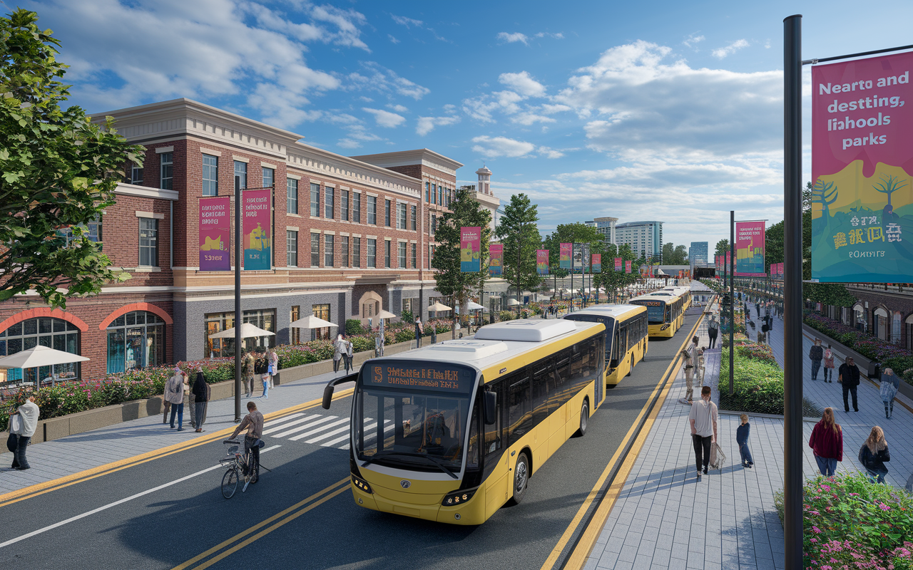 A busy urban setting showcasing a vibrant bus station with several lines and people commuting. Nearby, well-kept properties attract tenants, with students and families going about their day. Bright banners emphasize nearby amenities like schools and parks, creating a lively and desirable environment. Realistic, bustling, and colorful style.