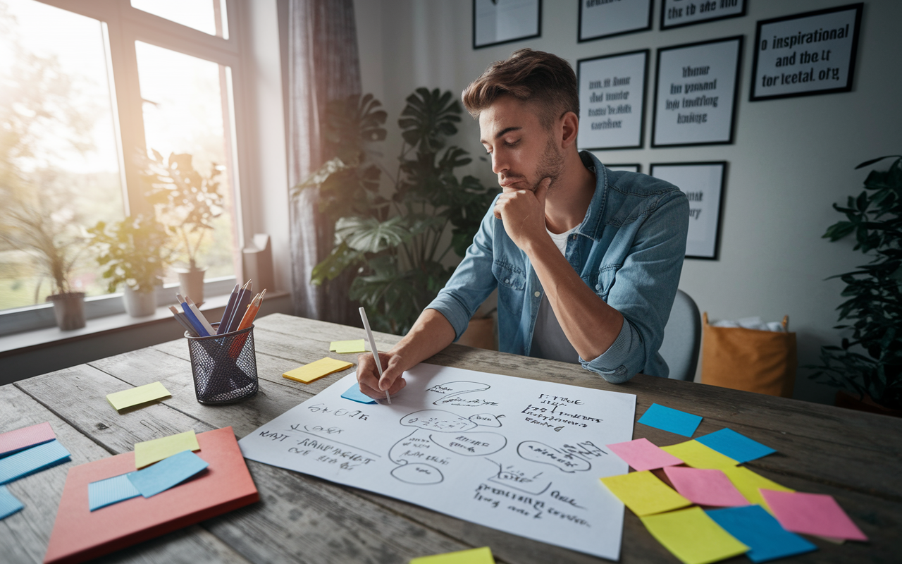 A thoughtful young adult sitting at a rustic wooden table, surrounded by vision boards and colorful sticky notes, mapping out their retirement goals. A beautiful window with natural light filters in, illuminating sketches of travel destinations, hobbies, and ideal living arrangements on a large notepad. An inspirational atmosphere with motivational quotes framed on the walls emphasizing ambition and future planning.