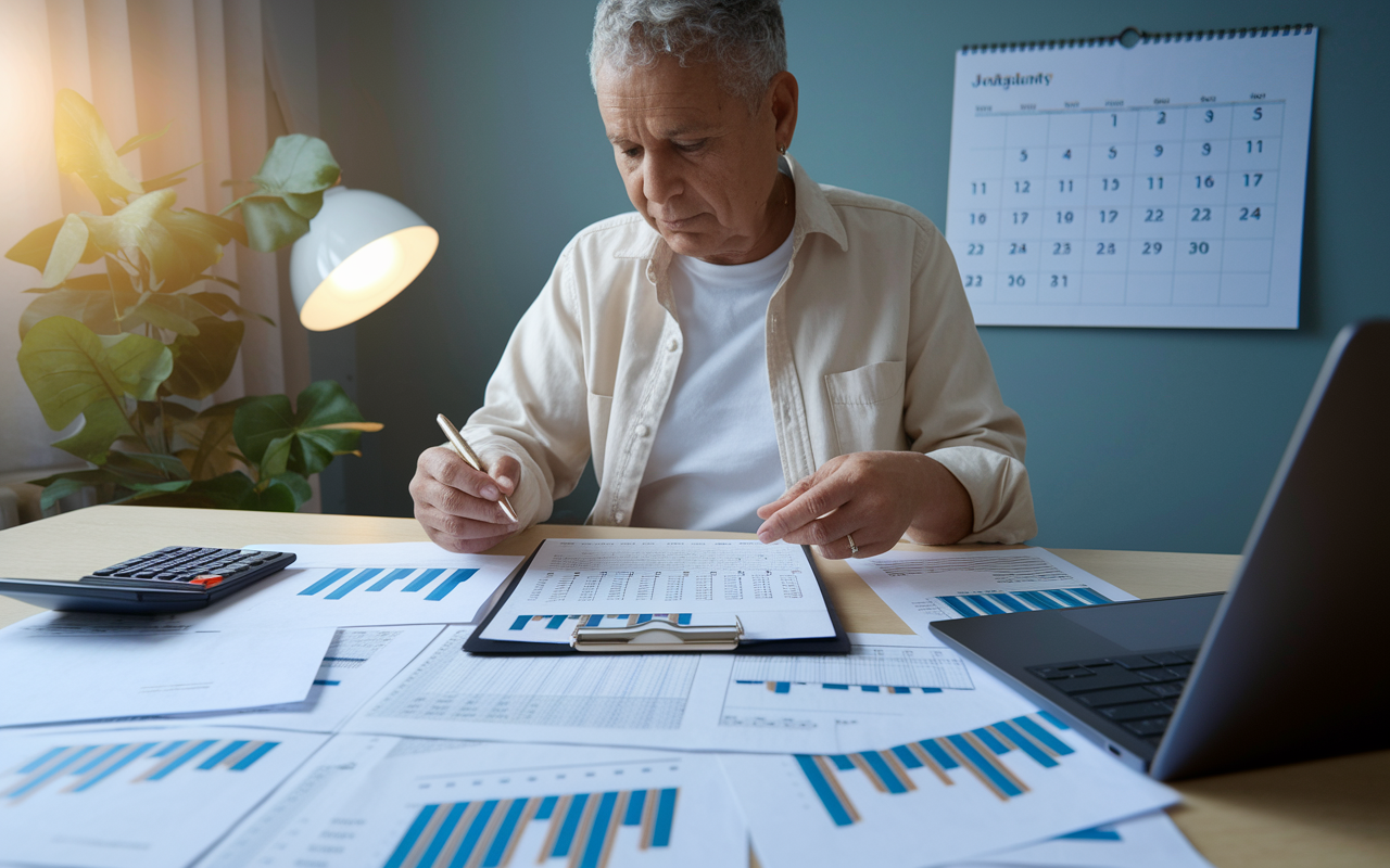 An individual of middle age sitting at a desk filled with financial documents, graphs, and spreadsheets, absorbed in analyzing their financial situation. A calculator is nearby, and a laptop displays a budgeting software. Soft ambient lighting and a large calendar on the wall highlighting important financial milestones contribute to a focused and organized atmosphere.