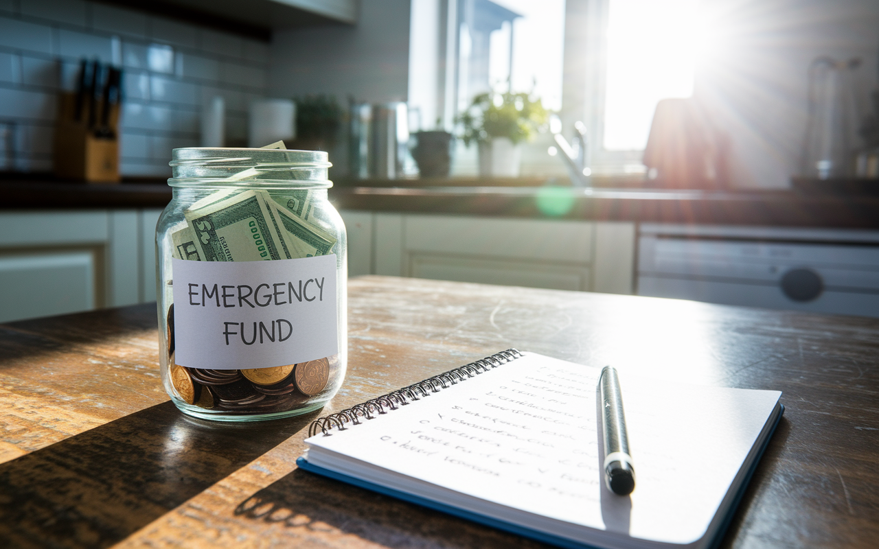 A clear glass jar filled with cash and coins labeled 'Emergency Fund' on a rustic kitchen table, alongside a notebook with detailed financial goals written down. Sunlight spills through a nearby window, creating a hopeful, reassuring atmosphere symbolizing preparedness and security for unexpected financial challenges.