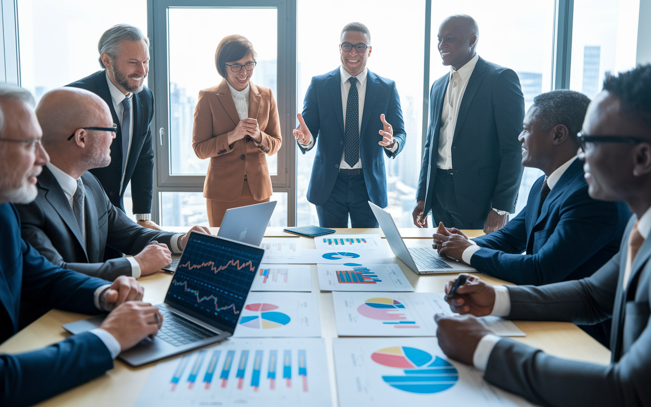 A diverse group of senior investors gathered around a conference table with charts and graphs depicting stock performance and investment portfolios. Laptops displaying market data and a financial advisor presenting strategies with enthusiasm. Bright office lighting creates a positive, energetic environment, reflecting teamwork and informed decision-making.