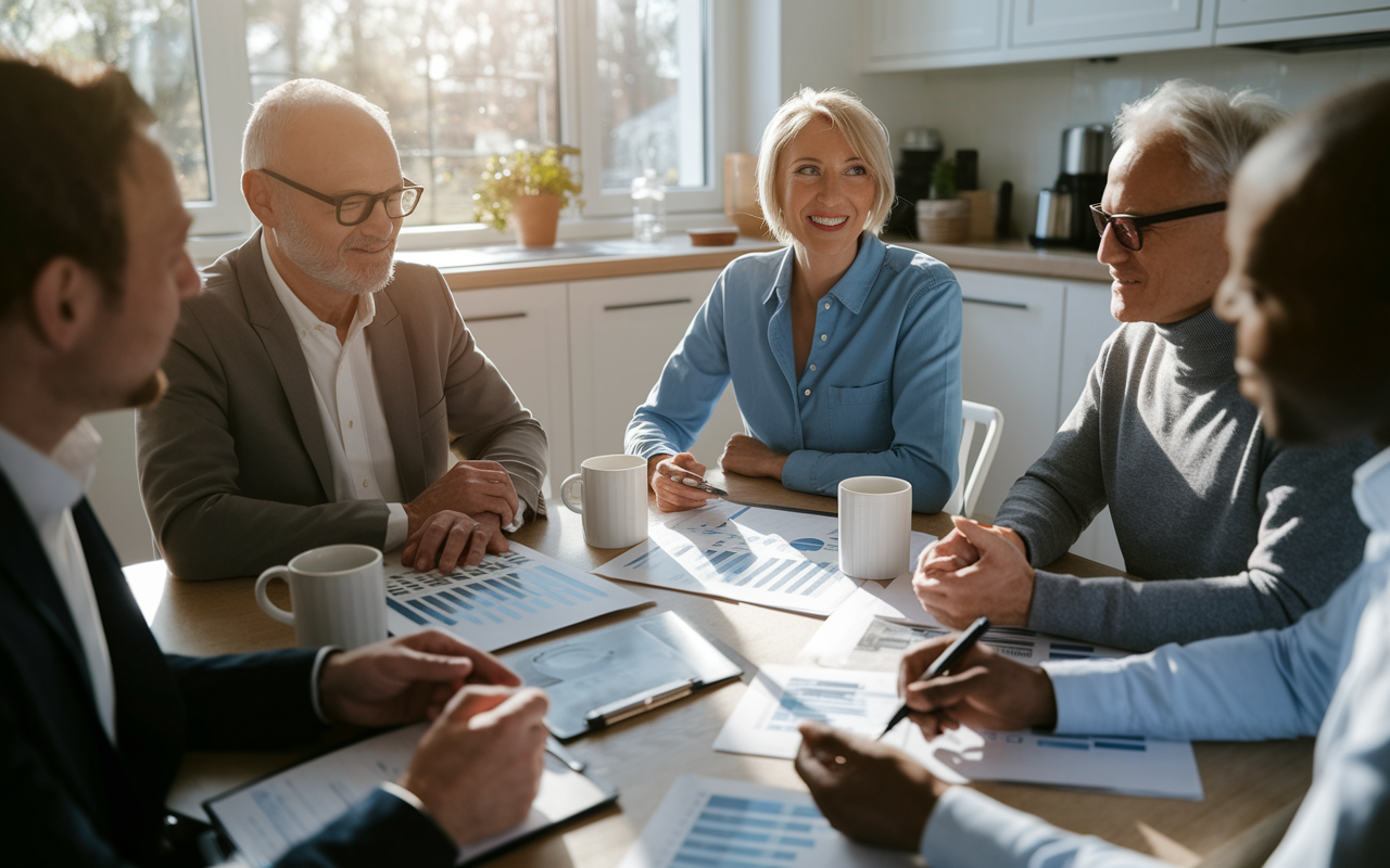 An older couple seated at a kitchen table with financial planners, discussing their retirement strategy. Charts, investment summaries, and portfolios are spread across the table, alongside mugs of coffee. Morning sunlight enters through the windows, creating a sense of warmth and collaboration as they discuss future adjustments and financial goals.