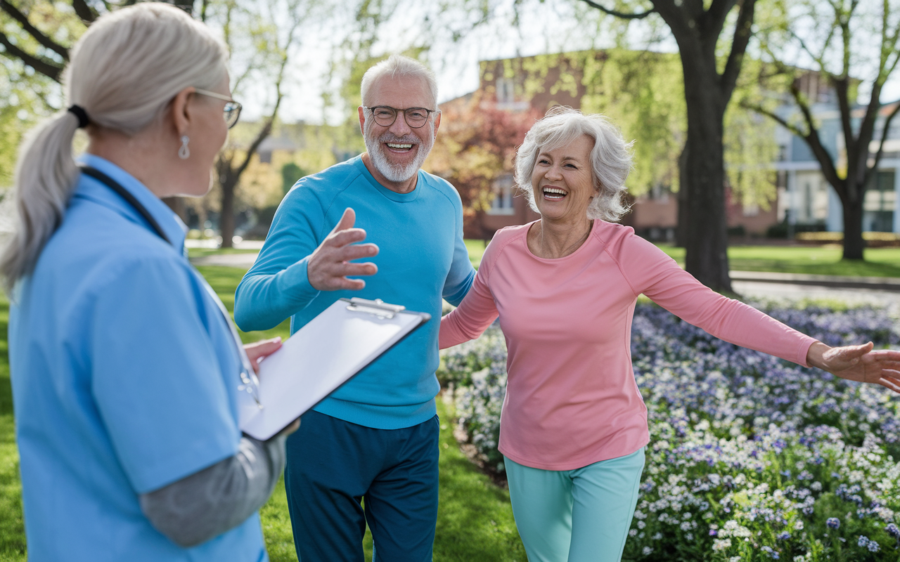 A joyful elderly couple exercising in a community park, participating in an outdoor fitness class surrounded by greenery and blooming flowers. They are laughing, enjoying their healthy lifestyle together under bright afternoon sun. Nearby, a medical professional discusses healthcare plans with a family, emphasizing the importance of long-term care in retirement, creating a sense of proactive health management.