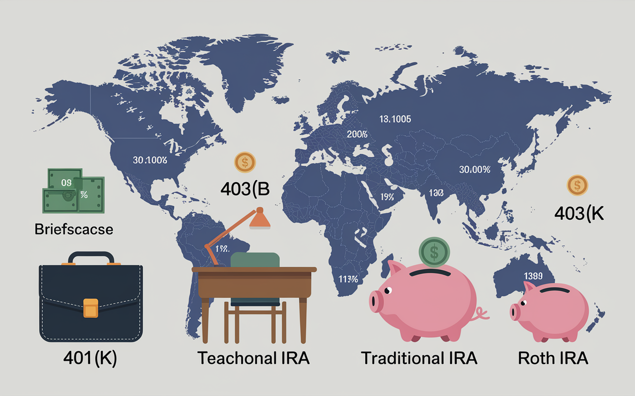 A creative infographic displaying various retirement savings accounts, including 401(k), 403(b), traditional IRA, and Roth IRA. Each account type is illustrated with distinct icons - a briefcase for 401(k), a teacher's desk for 403(b), a piggy bank for IRAs. The background features a world map showing financial growth and stability, with vibrant colors and clean graphics, making the information engaging and visually appealing.