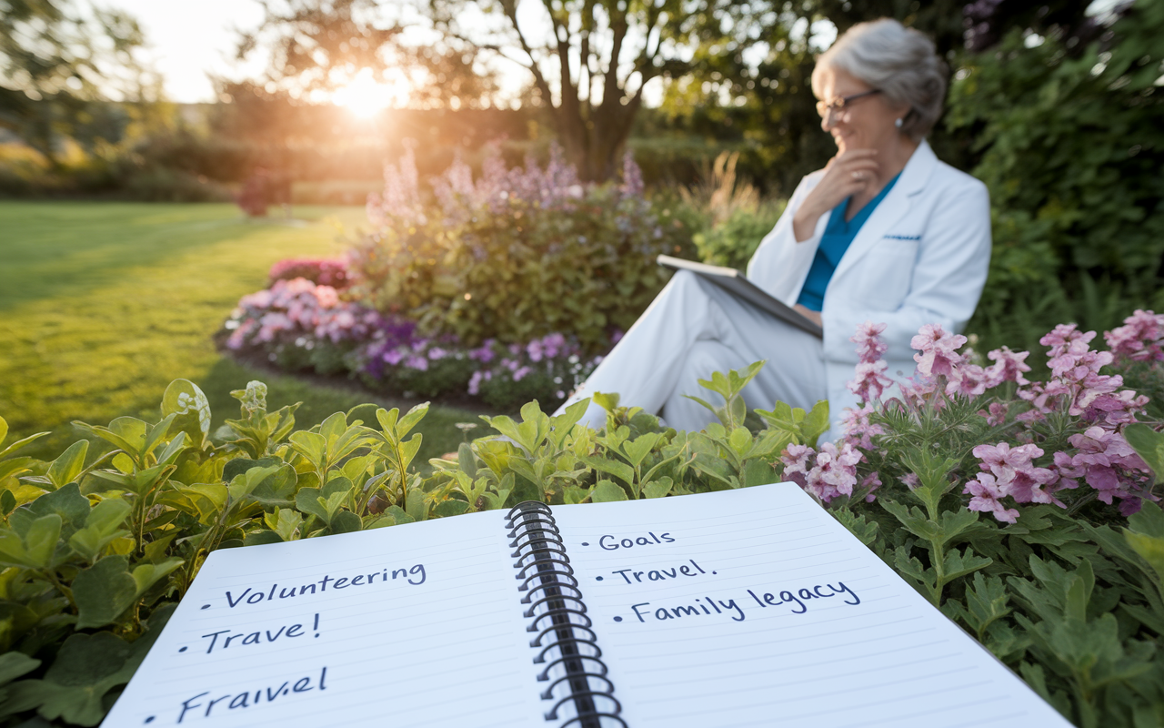 A serene outdoor scene depicting a physician reflecting in a peaceful garden, surrounded by lush greenery and vibrant flowers. The sun sets in the background, casting a golden glow. In the foreground, a notebook lies open with handwritten goals including 'volunteering,' 'travel,' and 'family legacy.' The physician, a middle-aged woman, appears thoughtful and content, embodying the essence of a fulfilling retirement beyond just finances.