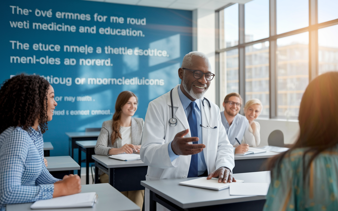 An open classroom environment with a retired physician engaging passionately with a small group of enthusiastic students. The walls are adorned with inspiring quotes about medicine and education. The physician, a distinguished older man wearing glasses, animatedly discusses a medical case, radiating enthusiasm. Sunlight streams through large windows, creating an atmosphere of warmth and inspiration, illustrating the joy of lifelong learning.