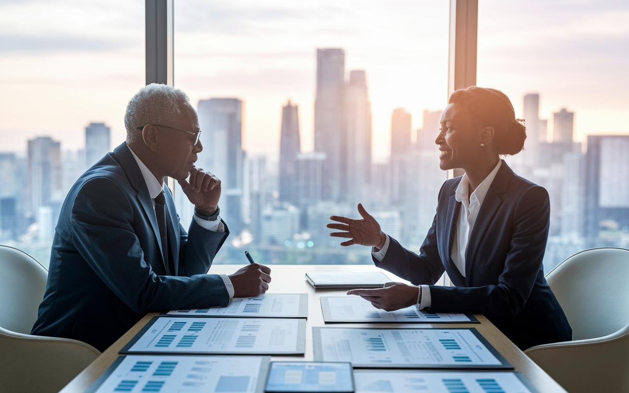 A professional setting where a physician and a financial advisor sit across the table, engaged in a serious yet friendly discussion. The table is laid out with detailed charts and retirement plans. The financial advisor, a middle-aged woman in a smart suit, eagerly explains strategies while the physician, a thoughtful older man, takes notes. The room features a large window overlooking a cityscape, illuminated by soft, warm lighting, symbolizing hope and collaboration.