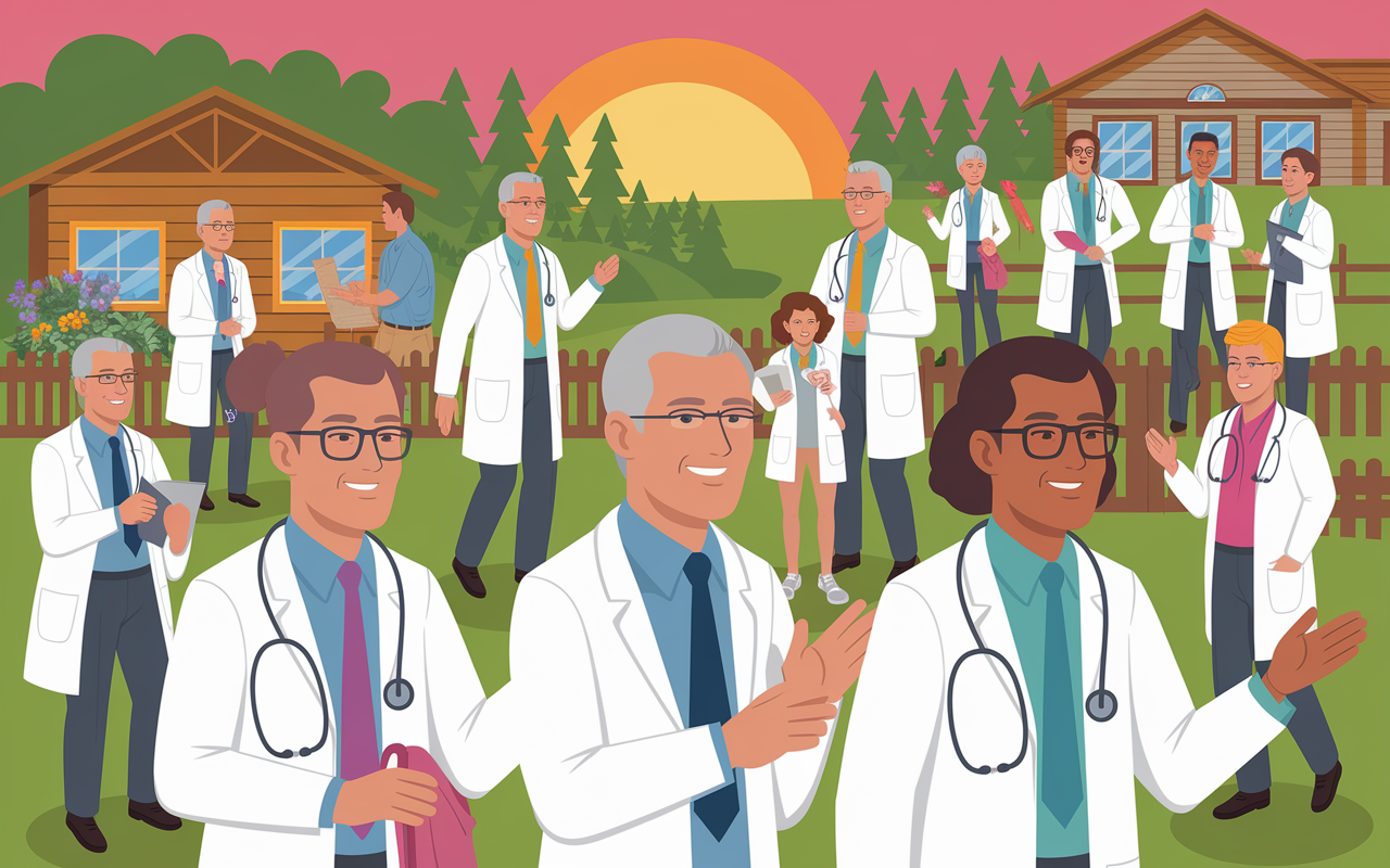 A vibrant scene depicting a diverse group of retired physicians engaged in various fulfilling activities. Some are volunteering at a community center, others are traveling in a scenic location, and a few are participating in a discussion group. The background features a beautiful sunset, symbolizing new beginnings and fulfillment in their golden years. The setting is lively and colorful, conveying joy, purpose, and connection among retirees.