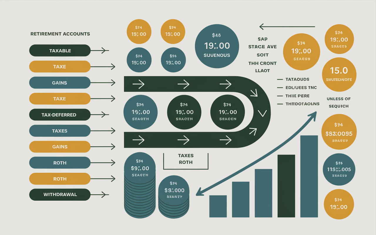 An informative infographic illustration showing different types of retirement accounts (taxable, tax-deferred, and Roth), with arrows depicting the flow of withdrawal sequences. Each type has corresponding visuals representing taxes, gains, and growth. The overall layout is clear, educational, and visually engaging, conveying a sense of organized strategy.