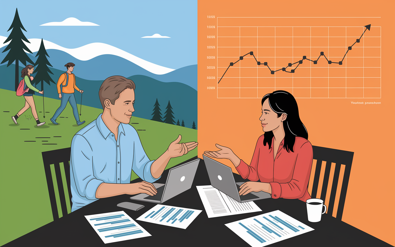 A split-panel illustration showing John and Sarah, both actively engaging in financial discussions at a modern dining table with a laptop and paperwork spread out. One side depicts them enjoying leisure activities like hiking and dining out, while the other side shows their portfolio performance graphs, representing their investment approach. The contrast portrays balance in lifestyle and financial prudence.