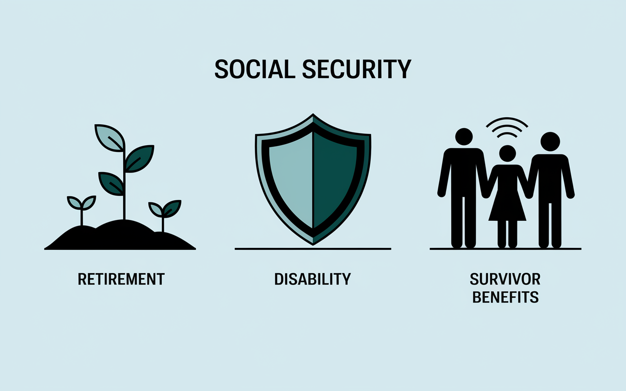 An infographic-style illustration displaying the three main types of Social Security benefits: Retirement, Disability, and Survivor Benefits. Each section visually represented with icons symbolizing growth (a growing plant for retirement), a shield for disability, and a family silhouette for survivor benefits. A calming color palette and clear labels for easy understanding.