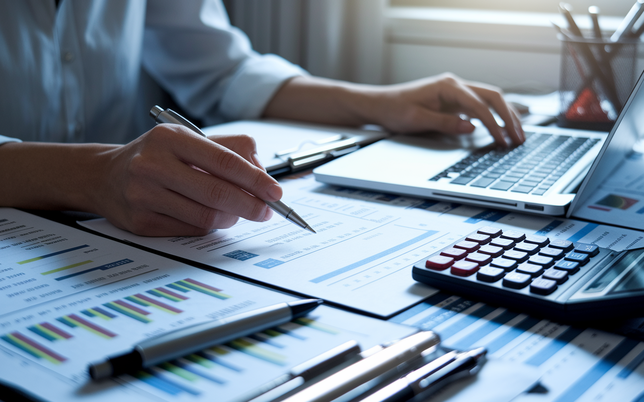 A close-up view of a person's hands reviewing their earnings statement on a laptop, surrounded by documents highlighting their employment history. The desk is cluttered with pens, notes, and a calculator, symbolizing meticulous planning and attention to detail. Soft lighting creates an atmosphere of focus.