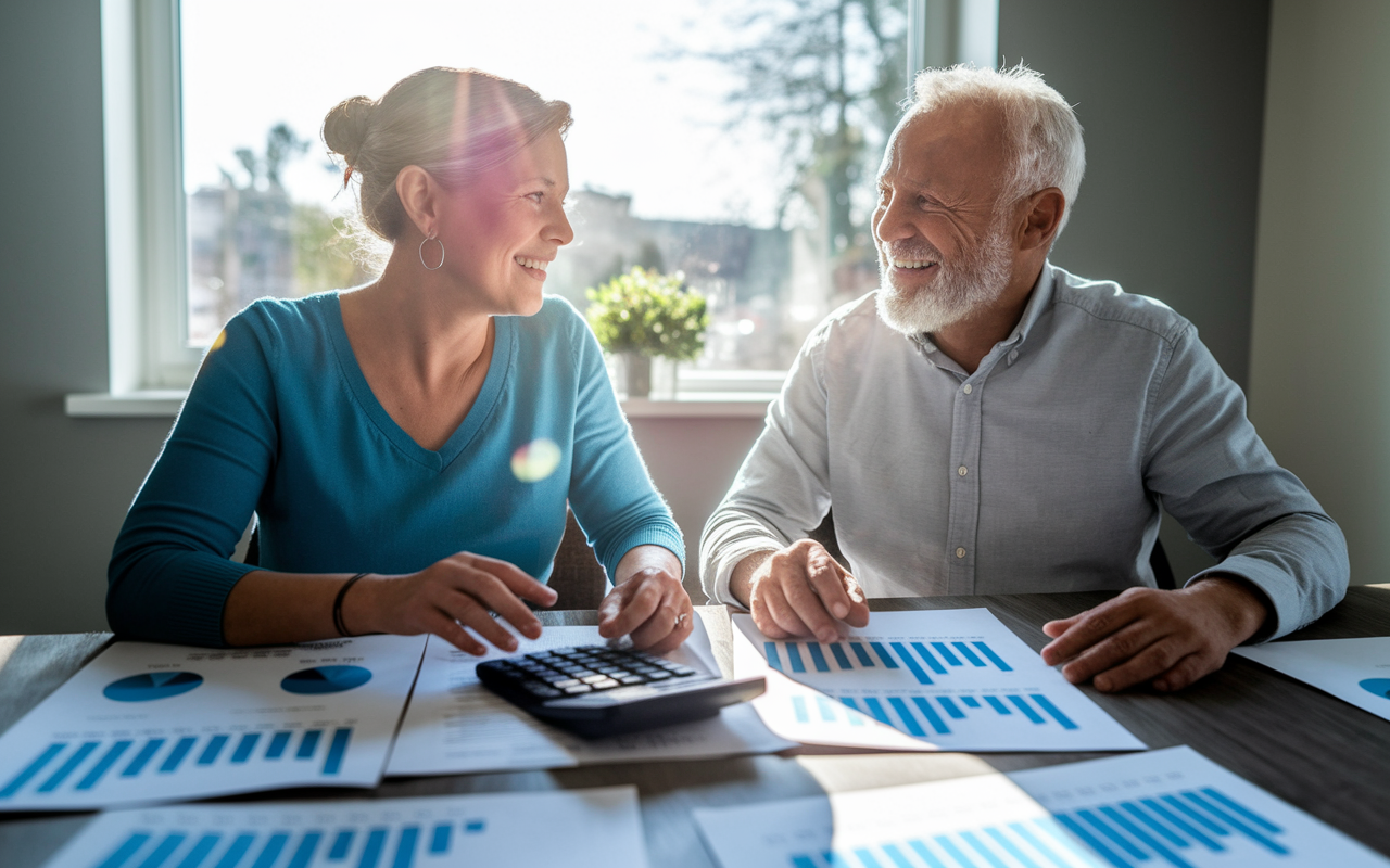 An elderly couple engaged in a discussion at their dining table filled with financial paperwork and calculators. They are smiling and looking optimistic, with the sunlight streaming through the window, creating an inviting atmosphere. Charts and graphs on the table indicate their spousal benefits planning.