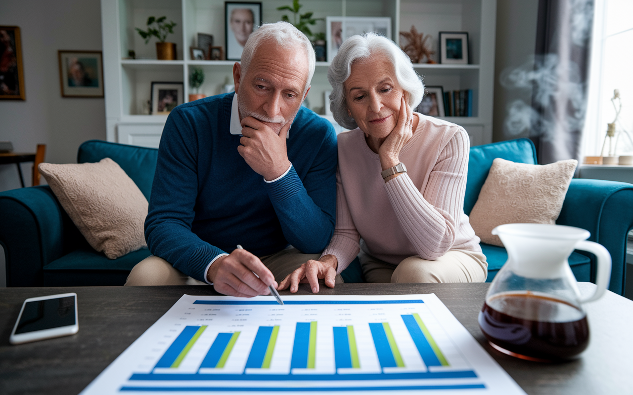 A thoughtful elderly couple, John and Mary, sitting in a cozy living room surrounded by family photos, comfortably dressed, assessing their financial options. A detailed chart illustrating their Social Security benefits options is displayed on the table, with a coffee pot steaming to the side, signifying a relaxed yet serious discussion about their future.