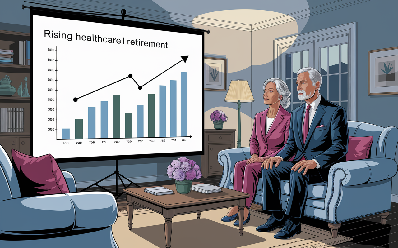 An infographic-style image illustrating the rising healthcare costs in retirement, featuring a smartly dressed older couple looking at a large projection screen displaying a chart with upward trends in medical expenses. The environment is a well-decorated living room with plush furniture, conveying comfort. The couple appears thoughtful and slightly worried, emphasizing the importance of planning in retirement. Soft lighting emanates from a nearby lamp to create a cozy atmosphere.