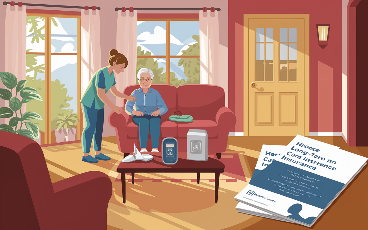 An engaging illustration depicting an older adult receiving care in a warm, inviting home environment, emphasizing the importance of long-term care insurance. The caregiver is assisting with daily tasks while bright sunlight streams through the windows. The scene showcases various supportive items like a medical alert device and a brochure about long-term care insurance laid on a coffee table, symbolizing the need for preparation and assurance.