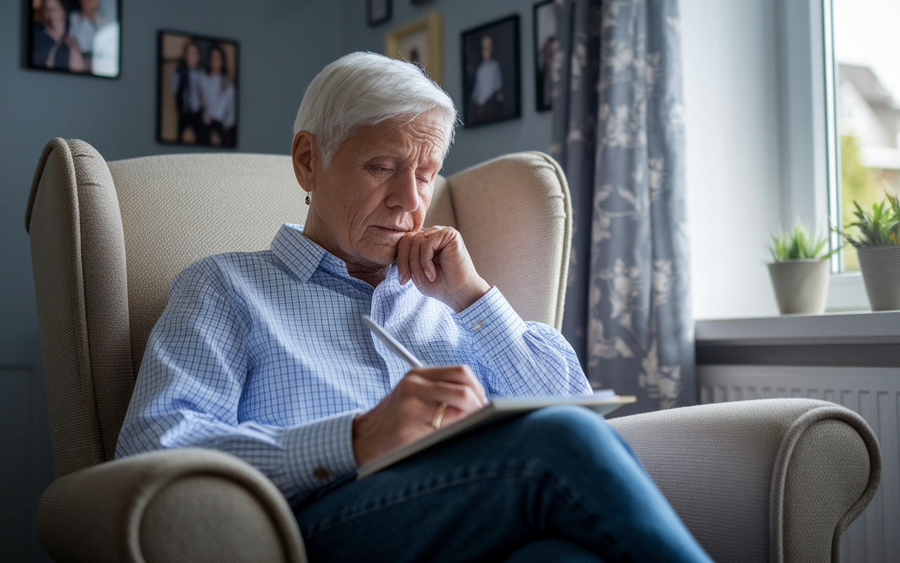 A thoughtful senior citizen sitting comfortably in an armchair, with a notepad on their lap and a pen in hand, reflecting on their health needs for retirement. The room is adorned with family photos and personalized touches that give a sense of familiarity and warmth. Natural light pours in through the window, illuminating the person's pensive expression as they jot down notes about current health status and medical history.