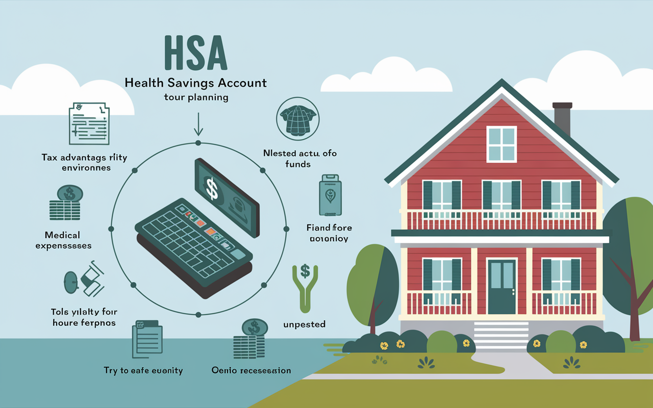 An illustrative diagram showcasing a Health Savings Account (HSA) as a part of smart retirement planning. The image includes various icons representing tax advantages, medical expenses, and invested funds. A background of a serene home environment enriches the scene, suggesting financial security and thoughtful planning for future healthcare needs.